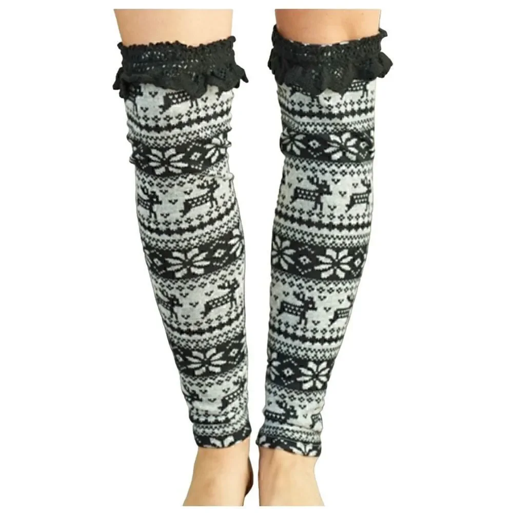 Nordic Print Leg Warmer/Boot Topper Crochet Lace Over the Knee Black And Gray S/
